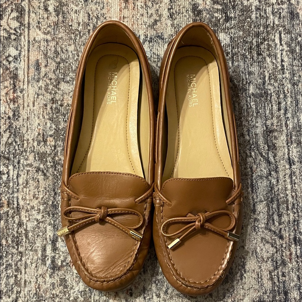 Michael Kors Tan Leather Loafers with Bow Accent